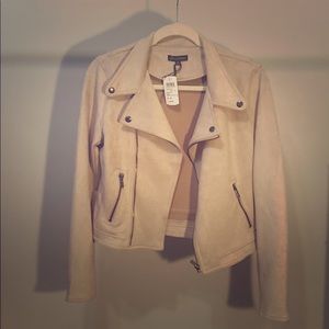 Vegan faux suede zip-up jacket in taupe